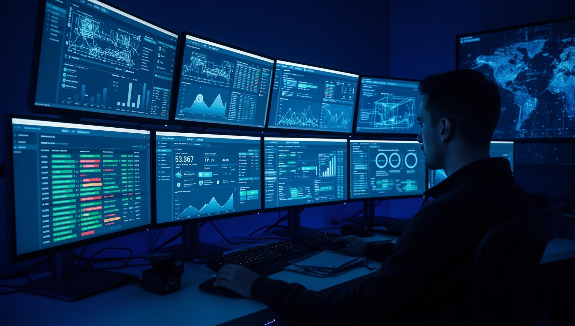 Operatore di sicurezza informatica in un Security Operations Center (SOC) monitora dashboard di rete e sistemi su più schermi durante analisi di minacce ransomware.